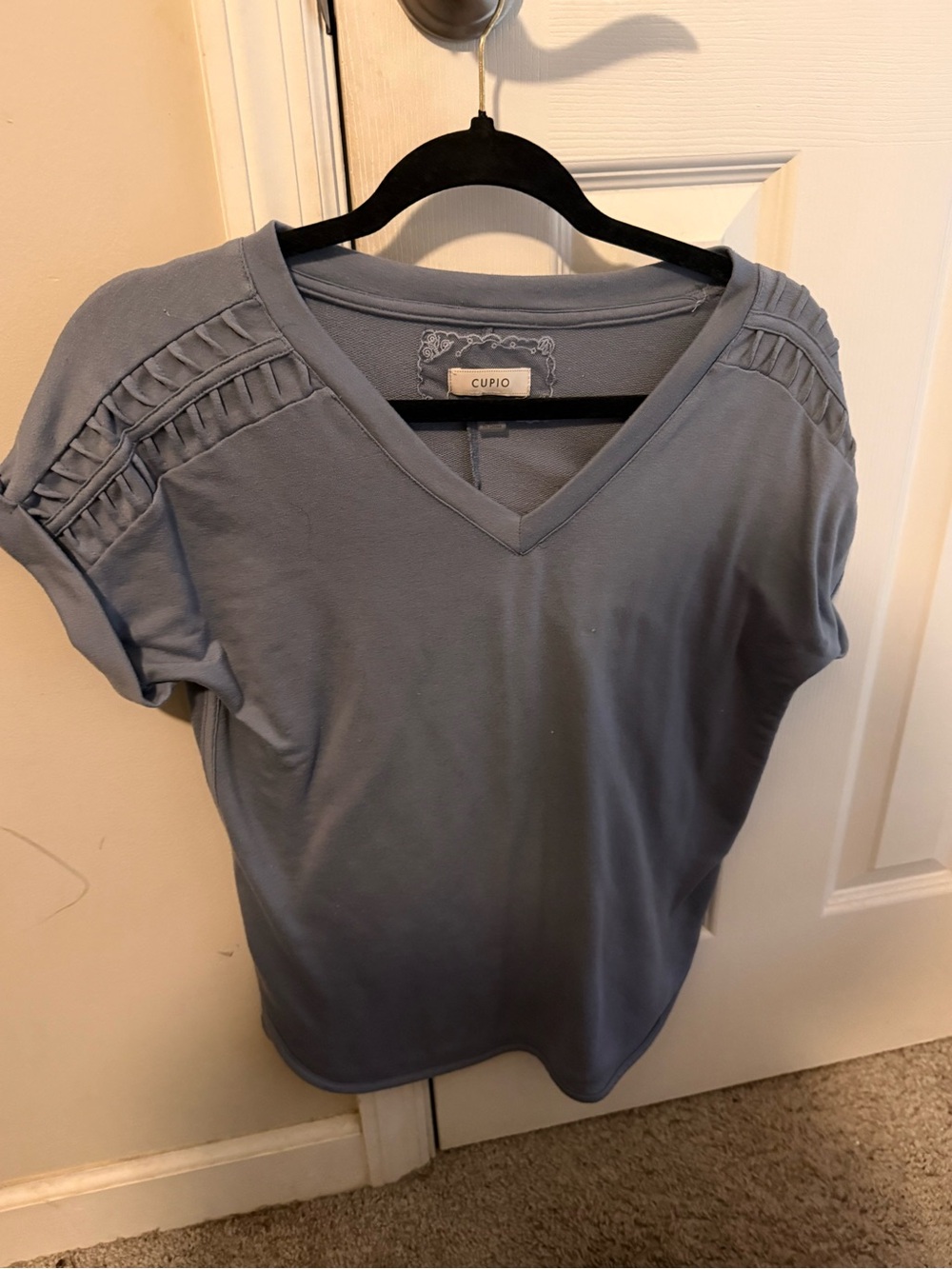 Cupio Slate Blue V-Neck Short Sleeve Top with Shoulder Pleats